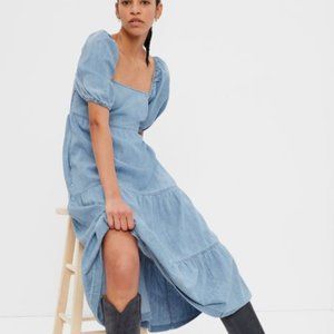 NWOT Gap Denim Tiered Puff Midi Dress with Washwell in Light Wash w/ POCKETS!